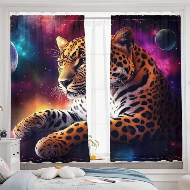 Verdunkelungsvorhänge mit Sternenhimmel und Leoparden-Design von Household supplies MH, 2er-Set, Mehrfarbig, Breite: 50 cm, Höhe: 130 cm - Bild 1