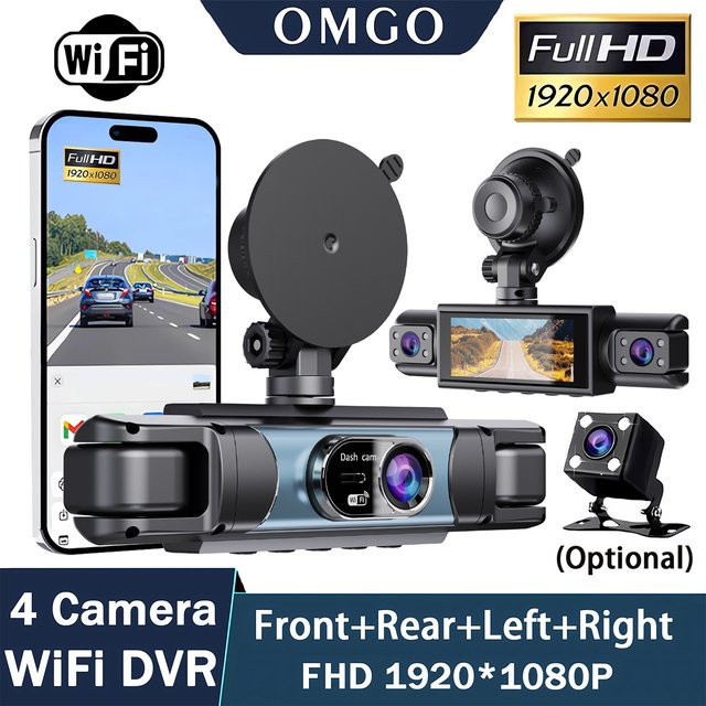 OMGO 4-Kanal 360-Grad Dashcam in Schwarz mit FHD 1080P, WiFi und App-Steuerung inklusive Rückfahrkamera - Bild 1