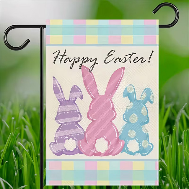 VIKAMA Ostern-Gartenflagge mit Kaninchenmuster aus Leinenstoff, mehrfarbig, B/H: 30 x 45 cm - Bild 1