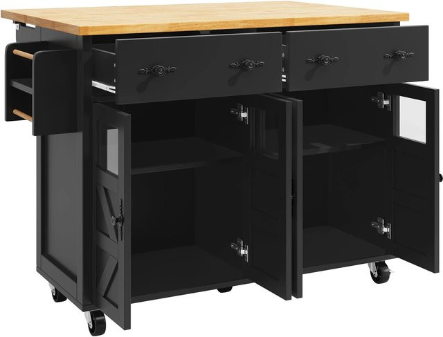 okwish Kücheninsel mit großem Stauraum und Rollen in Schwarz, modern, B/T/H: 140 x 73 x 93,5 cm - Bild 1