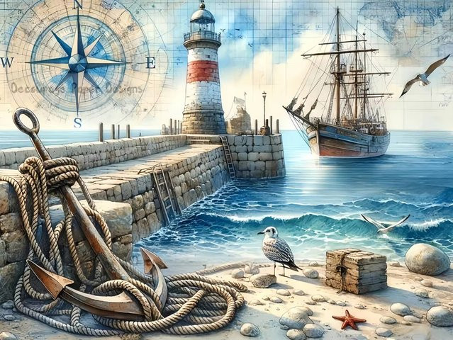 Potdemiel DIY 5D Diamant-Mosaik Set mit maritimen Motiven wie Schiff, Leuchtturm und Tieren in Multicolor mit runden Diamanten zur Heimdekoration - Bild 1