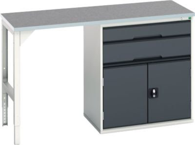 Unterbauwerkbank Bott verso mit Linoleum-Platte, 2 Schubladen, 1 Tür und 1 Ablageboden, Lichtgrau / Anthrazitgrau, B/T/H: 150 x 60 x 93 cm - Bild 1