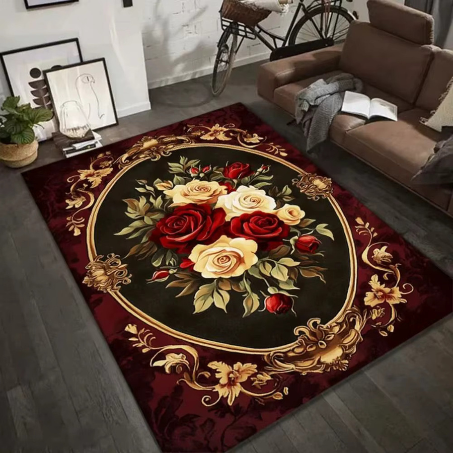 VIKAMA Vintage-Blumenteppich mit rotem und weißem Rosenmuster, rutschfeste Matte für Wohnzimmer, Schlafzimmer und Eingangsbereich - Bild 2