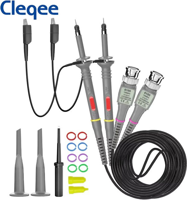 Cleqee P6100 Oszilloskop-Tastköpfe Set 2 Stück, 100 MHz Bandbreite, einstellbare Dämpfung 1x/10x, BNC-Leitungen, Farbe: Grau - Bild 1