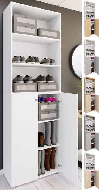 VCM Lona Schuhschrank aus Holz und Metall in Weiß mit 6 Fächern und zwei Drehtüren, B/T/H: 70 x 40 x 220 cm - Bild 1