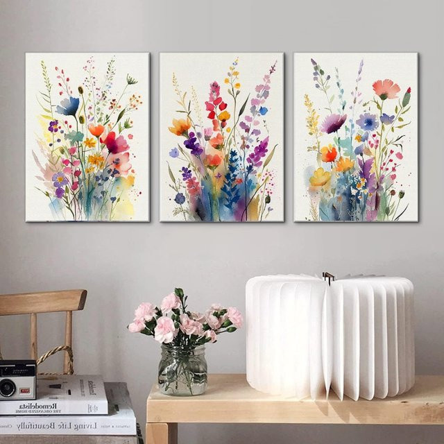 3er-Set Wildblumen-Aquarell-Poster von Potdemiel, dekorative botanische Leinwandgemälde in Multicolour und Weiss für dein Wohnzimmer oder Schlafzimmer - Bild 1