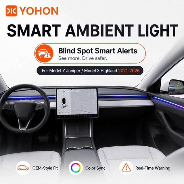 YOHON Smart Ambiente-Lichtleiste für Tesla Model Y und Model 3 (2021-2026) mit RGB LED-Streifen, Totwinkel-Warnung und Geschwindigkeitsalarm, Multicolor - Bild 1