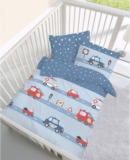 Ido Biber-Bettwäsche für Kinder mit Fahrzeug-Motiv aus Baumwolle, Blau, B/H: 100 x 135 cm und B/H: 40 x 60 cm - Bild 1