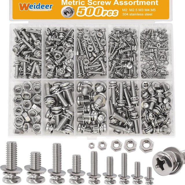 Binchi Outdoor Product Muttern- und Schrauben-Sortiment-Kit aus 304 Edelstahl in Silber, 500 Stück mit M2 M2.5 M3 M4 M5 Maschinenschrauben und Kombinationsschrauben für Elektronik und DIY-Projekte - Bild 1
