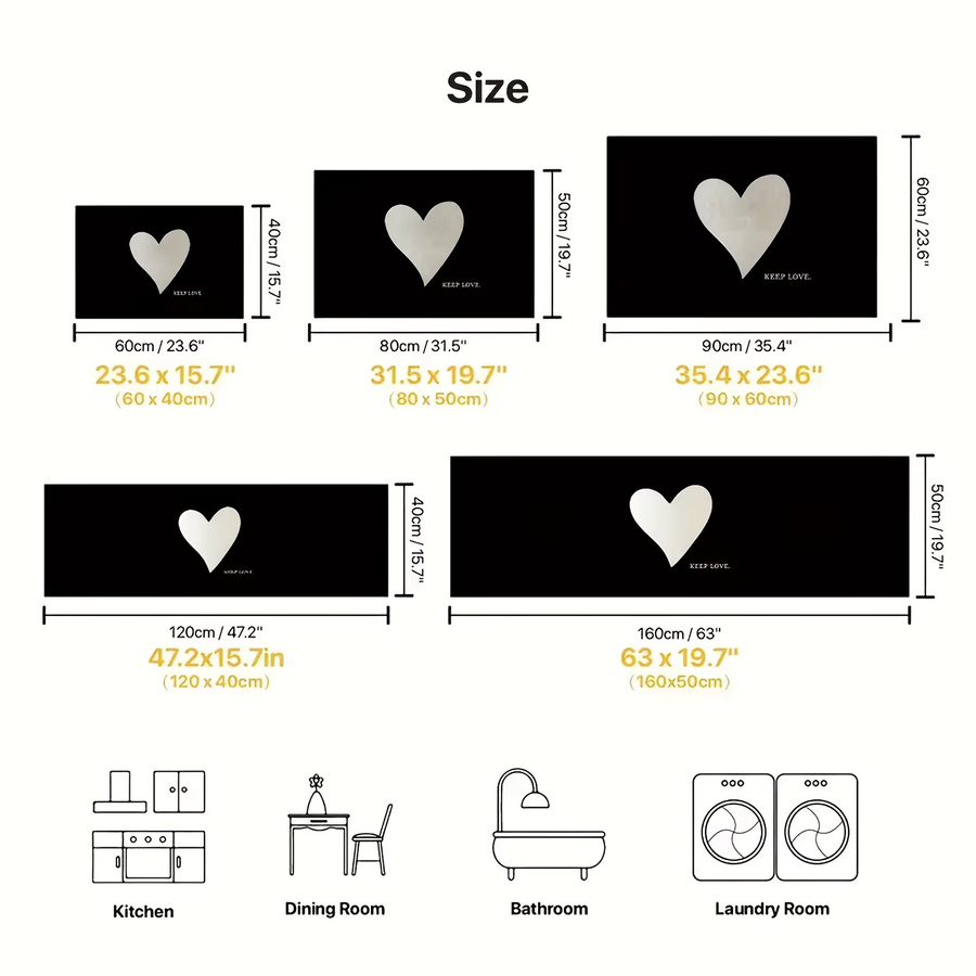 VIKAMA Herzförmiger Teppich in Schwarz, weiche Microfaser-Bodenmatte mit rutschfester Unterseite für Schlafzimmer, Badezimmer oder Küche - Bild 3