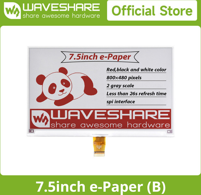 Waveshare 7,5 Zoll E-Paper (B) E-Ink Raw Display Rot Schwarz Weiß Dreifarbig mit SPI für Raspberry Pi 4B/3B/3B+/Zero/Zero W - Bild 1