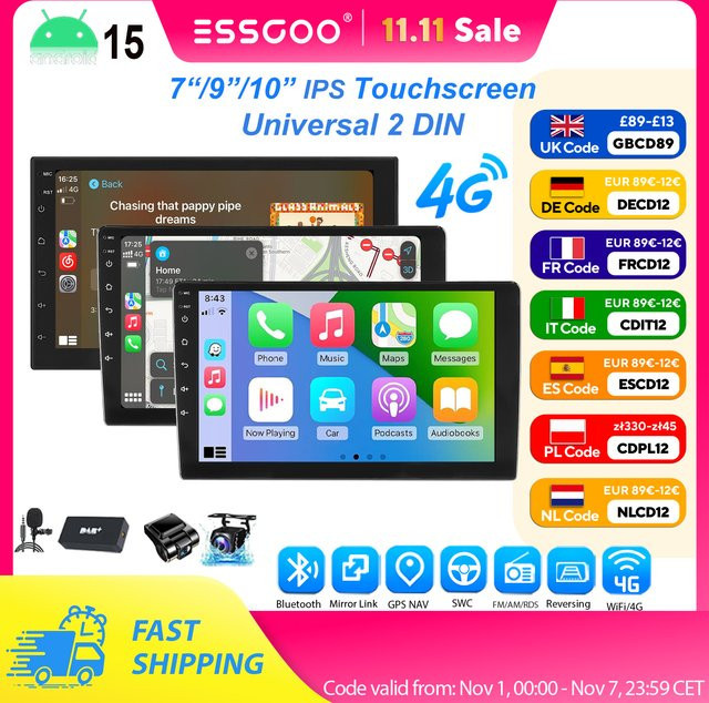 ESSGOO Android 15 Autoradio mit 8-Core Prozessor, 6+128G Speicher, QLED Touchscreen, Drahtloses CarPlay, GPS, Bluetooth, WiFi und 4G LTE, Schwarz, 7 Zoll - Bild 1