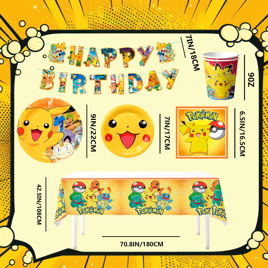 Potdemiel 114-teiliges Pokemon Partygeschirr-Set mit Tischdecke, Banner, Tellern, Servietten und Bechern in Gelb und Multicolour für deine Pikachu Geburtstagsparty - Bild 4