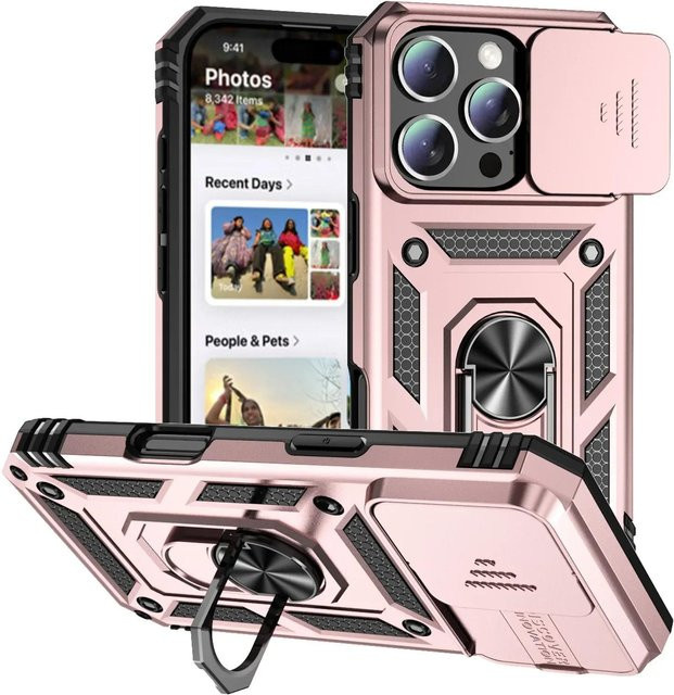 YULIN Panzerhülle für iPhone mit Ringständer und drehbarem Kameralinsenschutz in Pink - Bild 1