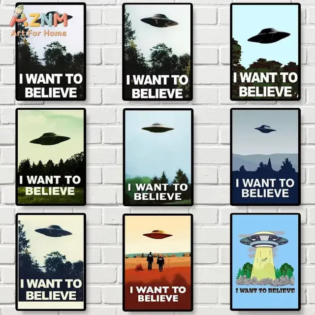 AZNM I Want To Believe UFO Leinwand-Wandkunst, Vintage Alien Wandbild mit fliegender Untertasse Motiv, ungerahmtes Retro Poster in Multicolour - Bild 1