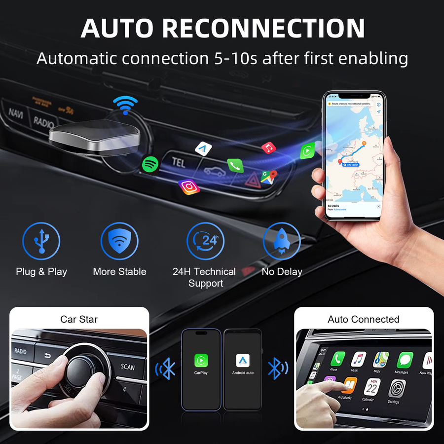 EzoneTronics 2 in 1 Kabelloser CarPlay und Android Auto Adapter in Schwarz für werkseitig verkabelte Fahrzeuge - Bild 3