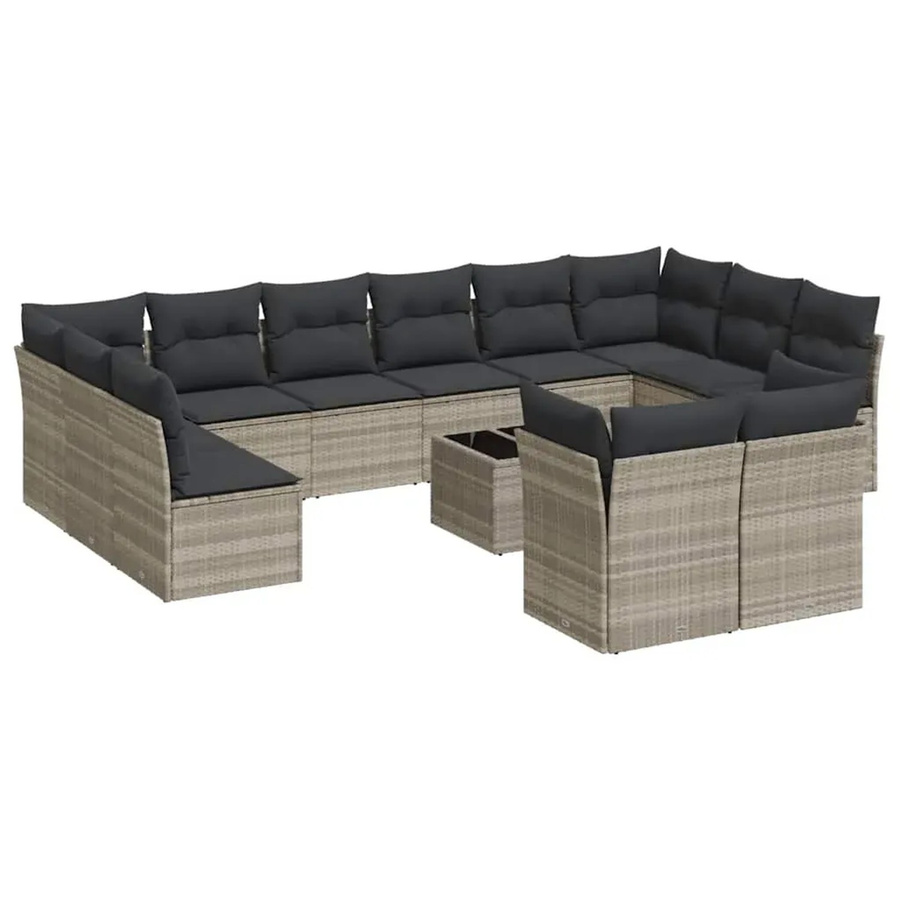vidaXL 13-tlg. Garten-Sofagarnitur in L-Form mit Kissen und Couchtisch, Hellgrau, Polyrattan und Metall - Bild 2