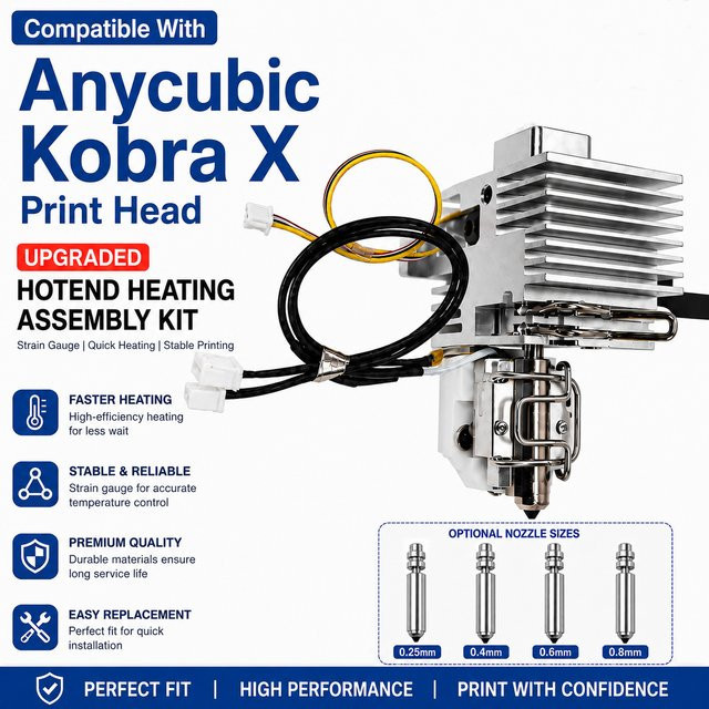Anycubic Kobra X Hotend-Montagekit in Silber mit Dehnungsmessfühler und Düsen in 0,25 mm, 0,4 mm, 0,6 mm und 0,8 mm sowie Druckkopf für FDM 3D-Drucker - Bild 1