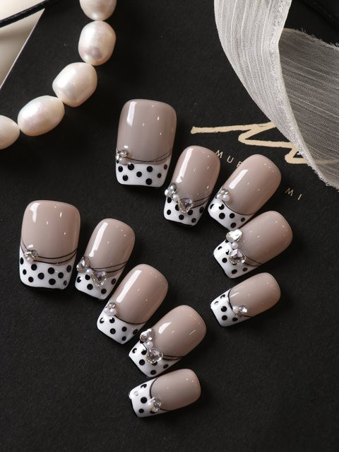 XEERCOOU Aufklebenägel, Kurz, Weiß, Französische Nägel mit Polka Dots, Glänzend - Bild 1