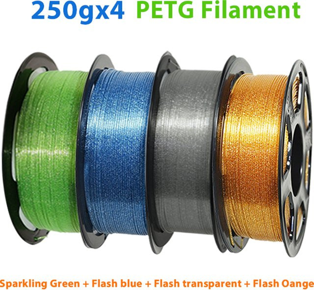 3D Maliang PETG 3D-Drucker-Filament 1,75 mm in Flash Grün, Sparkling Blue und Flash Transparent Orange, 1 kg (4 x 250 g) - Bild 1