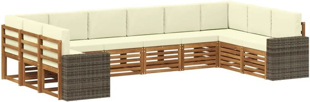 vidaXL Outdoor-Sofagarnitur aus Akazienholz mit 10 Teilen in Natur und Beige mit wetterfesten Polyester-Kissen - Bild 1