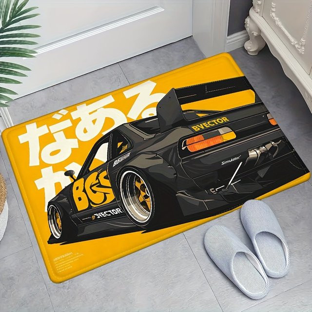 VIKAMA Cool Racing Car Fellteppich Gelb, wasserabweisende Bodenmatte für Badezimmer und Eingangsbereich, B/T: 60 x 40 cm - Bild 1