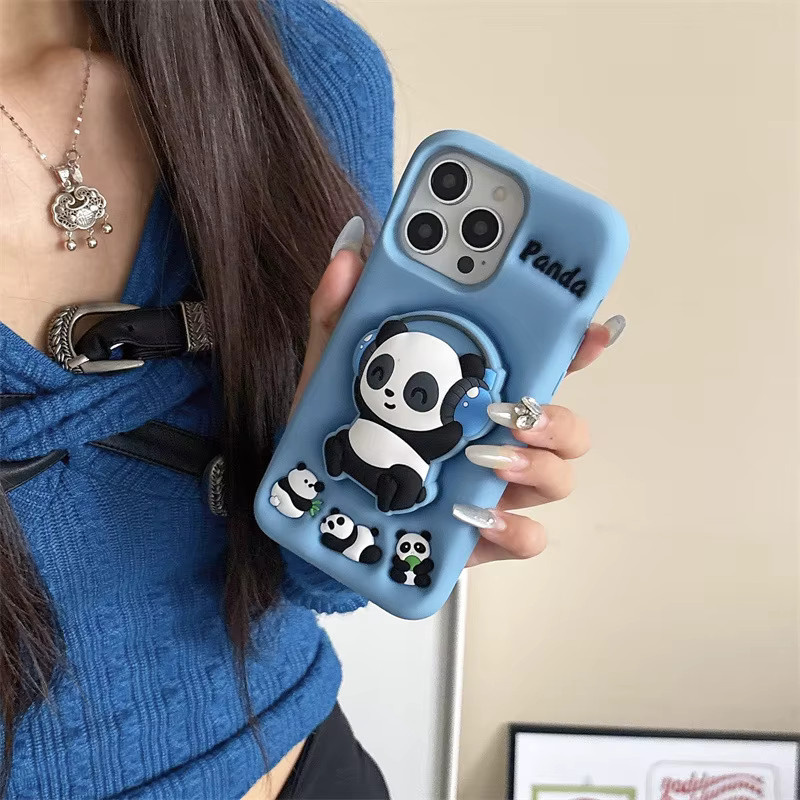 MUQGEW Panda Silikon Schutzhülle mit Teleskop-Halterung für iPhone 15 14 16 13 12 Pro Max in Blau - Bild 4