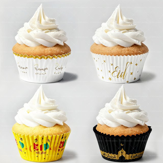 100 Stück Eid Mubarak Cupcake Papier in Gelb für Ramadan Backdekoration und Partyzubehör - Bild 1