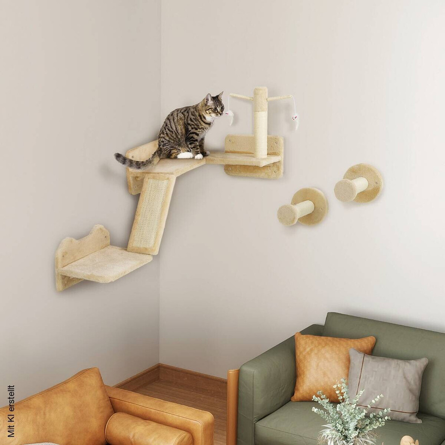 PawHut Katzen Kletterwand Set beige Plüsch mit integriertem Spielzeug und Sisal, B/H/T: 56 x 73 x 110 cm - Bild 2