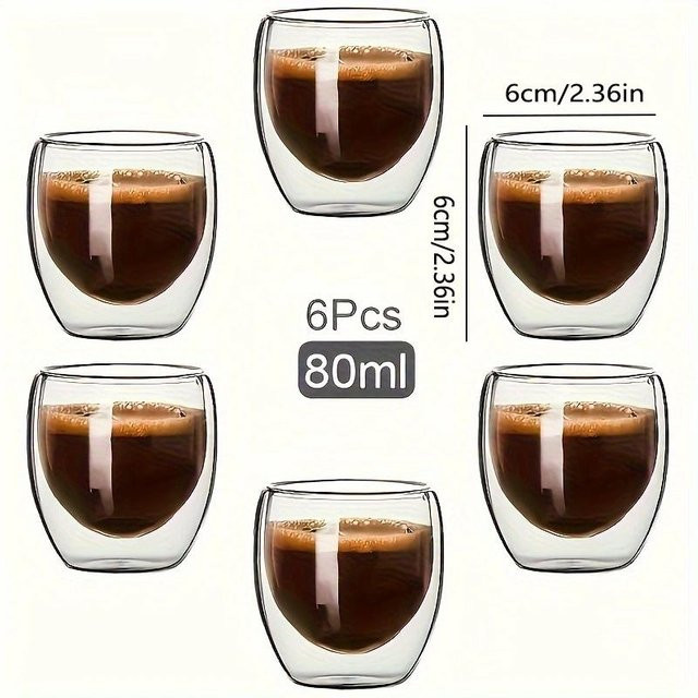 6-teiliges Espresso-Kaffeetassen-Set aus Glas von Yiran Furniture, doppelwandig und isoliert, transparente Trinkgläser für Kaffee, Tee oder Latte, 80 ml - Bild 1