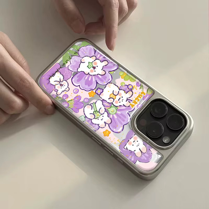 DecoPhone Stoßfeste Handyhülle mit lila Kaninchen-Hydrogel-Rückplatte und silbernem Rand für iPhone 17, 16, 15, 14 Pro Max - Bild 2
