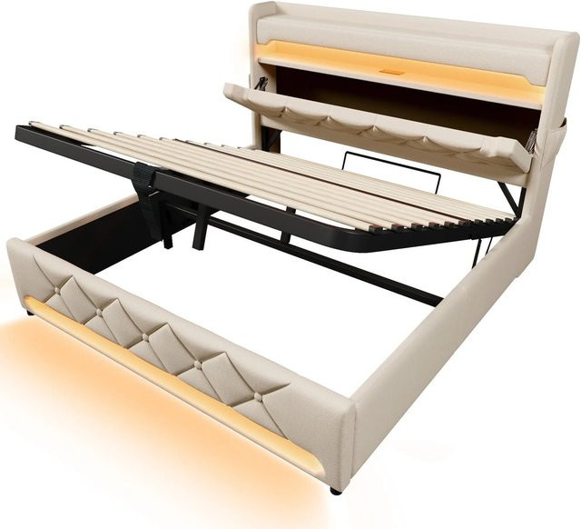 Merax Polsterbett mit USB-C Ladestation und LED-Unterbettbeleuchtung in Beige, B/T/H: 140 x 200 x 111 cm - Bild 1