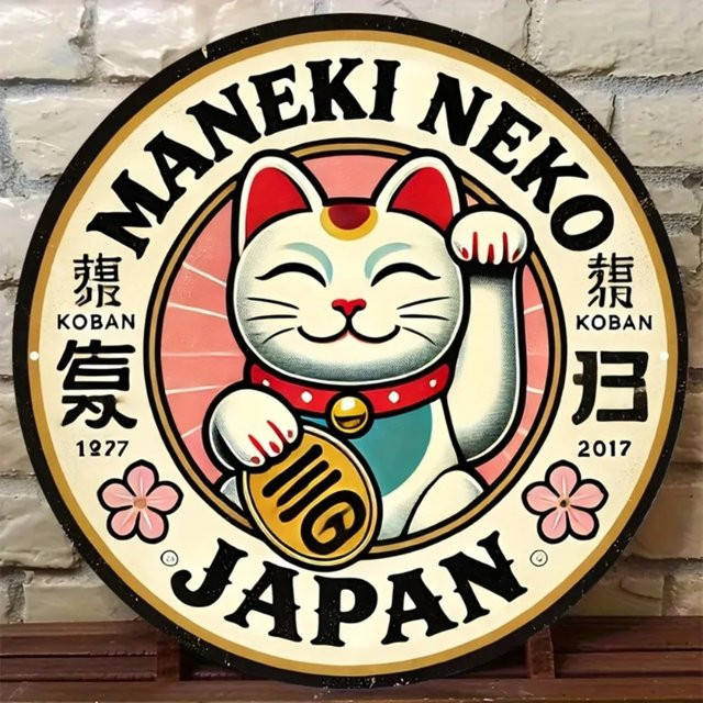 CIFBUY Maneki Neko Aluminiumschild Retro Japanischer Charme Runde Wandkunst Lucky Cat Multicolour - Bild 1