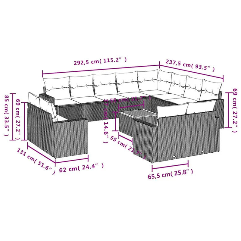 vidaXL 13-teilige Garten-Sofagarnitur aus Polyrattan mit Kissen in Schwarz - Bild 2