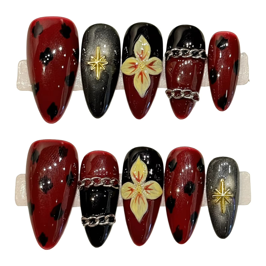 YADORNOS Kunstnägel Mandel-Design, 10 Stück, rot schwarz, 3D-Blume, Damen - Bild 5