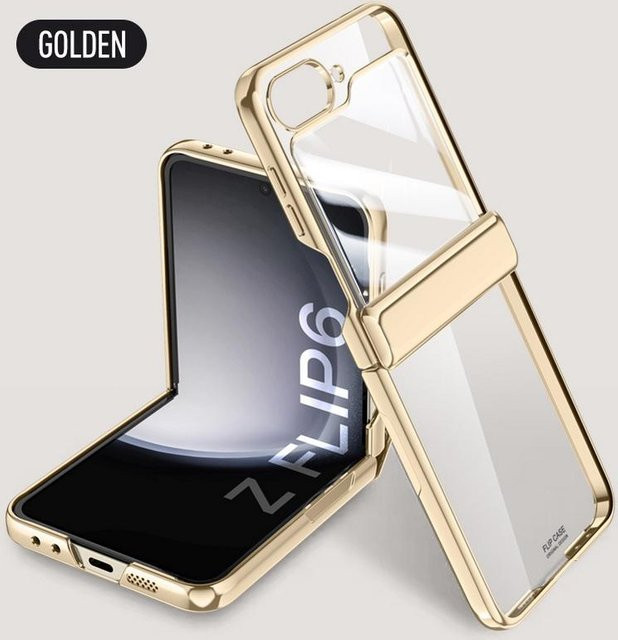 Schutzhülle mit gehärtetem Glas und Kamera-Schutz für Samsung Galaxy Z Flip 6 und Z Flip 5 in Transparent oder Gold - Bild 1