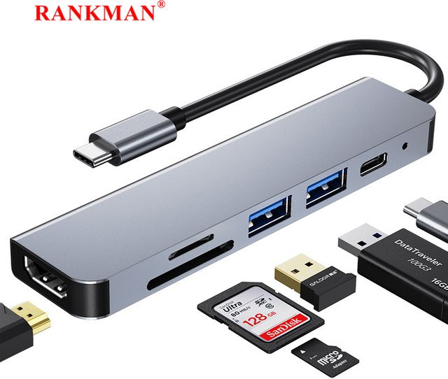 Rankman USB-C Hub mit 4K HDMI, SD, TF und USB 3.0 Anschlüssen in Silber/Grau für MacBook, iPad Pro und Samsung S21 Dex - Bild 1