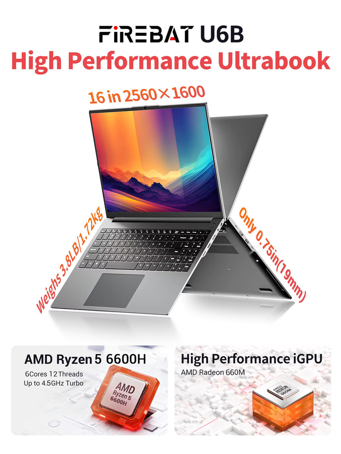Firebat U6B Laptop mit AMD Ryzen 5 6600H, 16GB DDR5 RAM, 512GB SSD, 16 Zoll 2,5K 120Hz IPS Display, Windows 11, WIFI6 und Type-C - Bild 2