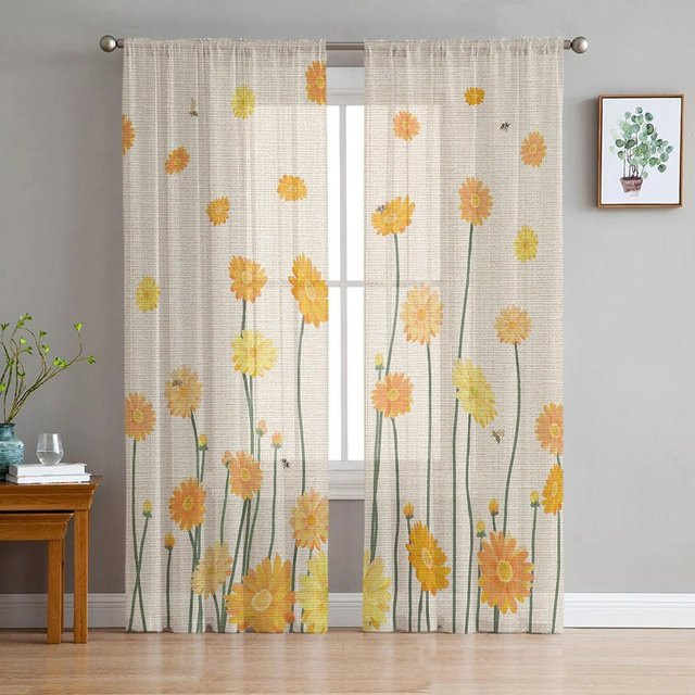 A Family Of Home Textiles Chiffon-Vorhang mit gelben Gänseblümchen und Bienen in Weiß, B/H: 135 x 114 cm - Bild 1