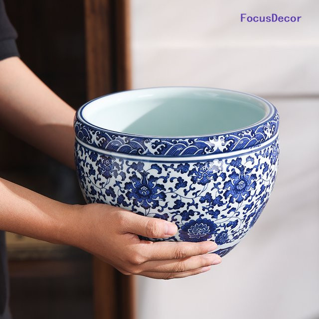 FOCUSDECOR Porzellan Blumentopf im chinesischen Stil, Blau-Weiß, Floral - Bild 1