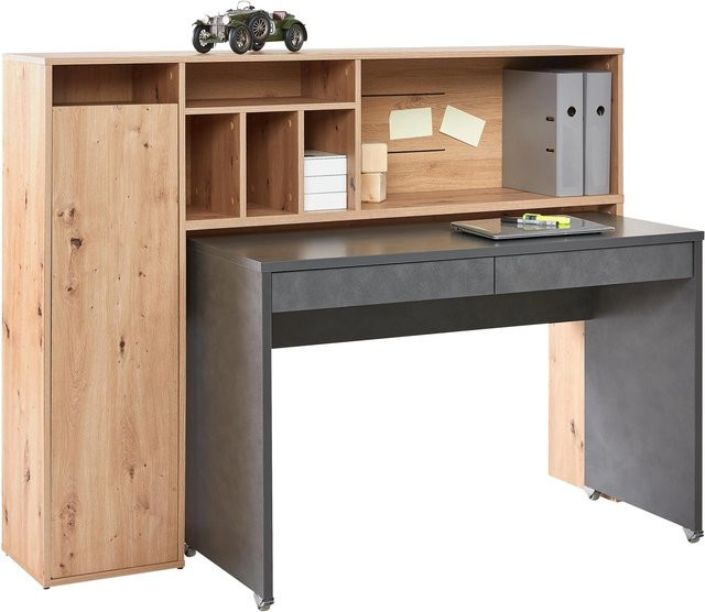 Mömax Schreibtischkombination modern in Dunkelgrau und Eiche mit höhenverstellbarer Arbeitsfläche und Rollen - Bild 1