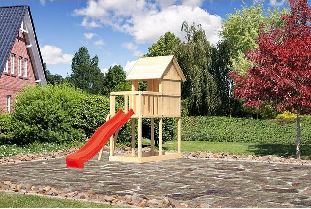 Karibu Kinderspielhaus Frieda Set mit Anbau und Rutsche in Natur und Rot - Bild 1