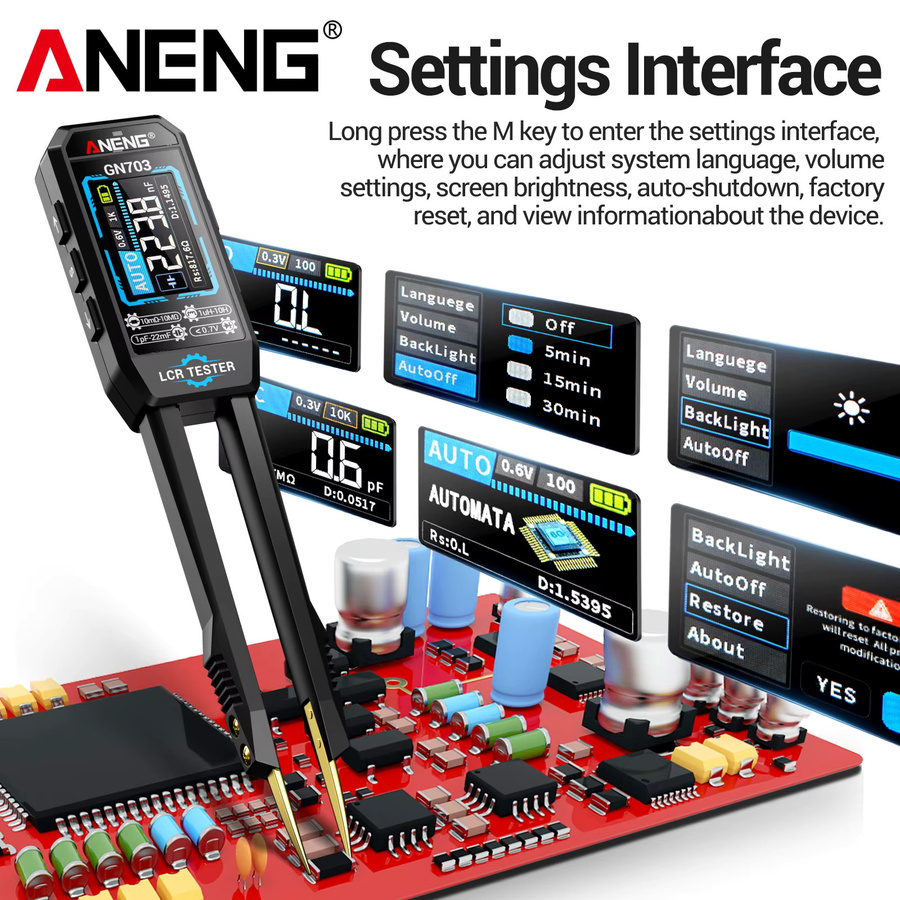 ANENG GN703 Digitales LCR-Bridgemeter in Schwarz: Tragbares USB-aufladbares Messgerät mit Diodentester für die Elektronik-Reparatur (100Hz, 1KHz, 10KHz) - Bild 4