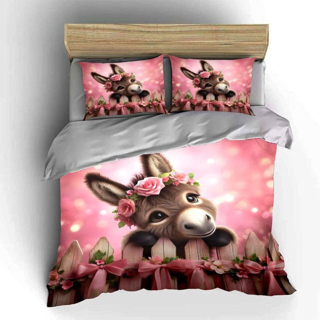 Dreiteiliges Bettwäsche-Set mit Esel-Motiv in Pink, bestehend aus Bettbezug und Kissenbezügen aus Mikrofaser, Maße: B: 173 cm, H: 218 cm - Bild 1