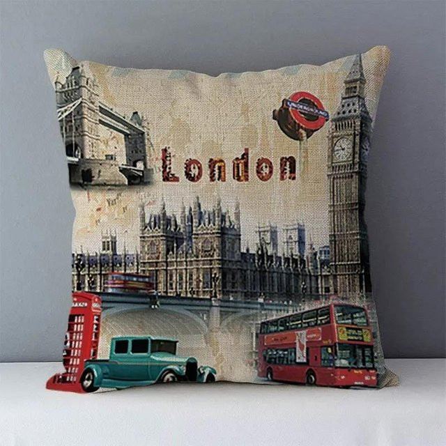 Quadratischer Kissenbezug mit London-Motiv im Retro-Design, Schwarz/Mehrfarbig, B/T/H: 66 x 66 x 66 cm - Bild 1