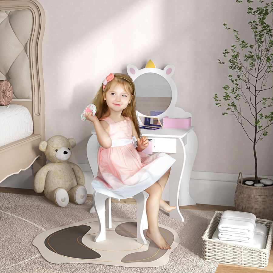 ZONEKIZ Kinder-Schminktisch mit Hocker und Spiegel in Weiß mit Einhorn-Design und Schubladen für Mädchen von 3 bis 6 Jahren - Bild 2