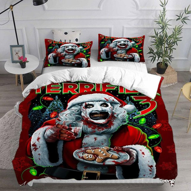 Terrifier 3 Bettwäsche-Set mit Bettbezug und Kissenbezug, Horror-Weihnachtsdesign in Rot, B/H: 135 x 200 cm - Bild 1