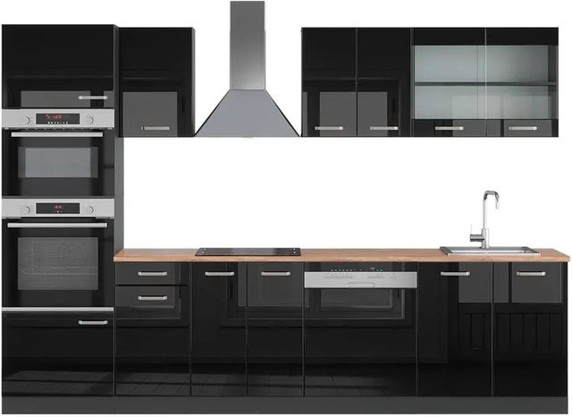 Vicco R-Line Küchenzeile Schwarz Hochglanz und Anthrazit mit Hochschrank Eiche, Breite: 300 cm - Bild 1