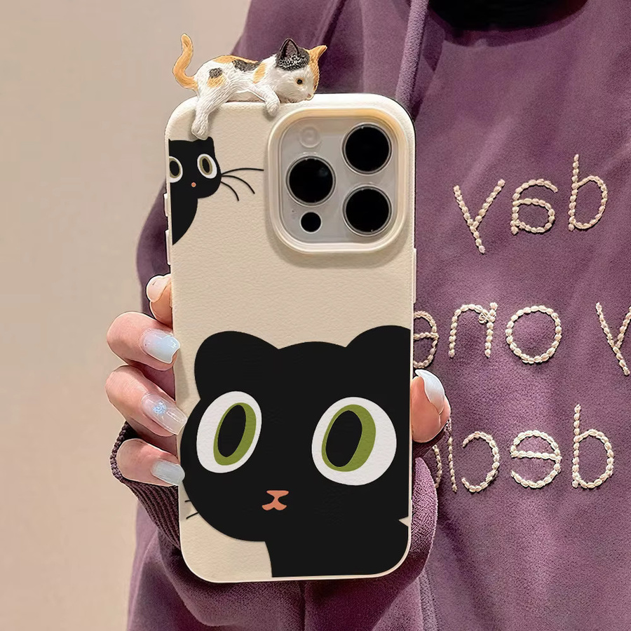 Stoßfeste Leder-Handyhülle mit süßem Katzen-Design für Apple iPhone 17 Pro Max 16 15 14 13 12 Plus Air in Schwarz und Grün - Bild 2