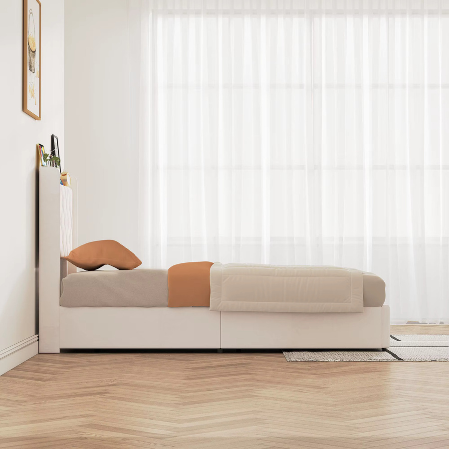 Comanlai Einzelbett mit hydraulischem Stauraum und gepolstertem Kopfteil, Breite: 90 cm, Tiefe: 200 cm, Farbe: Beige/Weiß - Bild 2